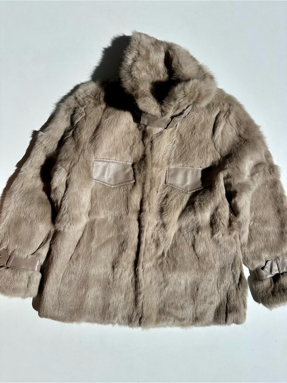 Genuine Rabbit Fur Shirt Jacket Women's Plush Coat Taupe Neutral Shaket, S